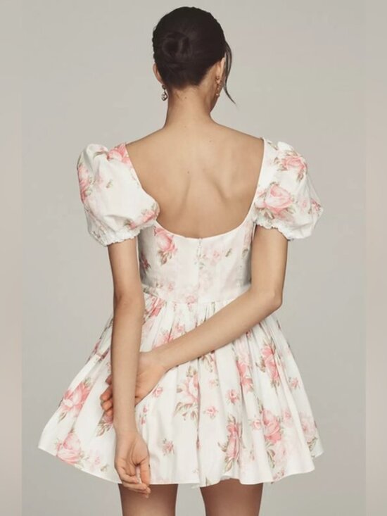 NEW NWT Selkie Sofia Puff Sleeve Sweetheart Mini Babydoll Dress Morning Roses - Picture 4 of 13